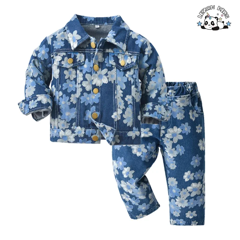LEZONKIDS - Kids Clothing Wholesale Kids Denim Jackets Flower Print Spring Autumn Boy Set